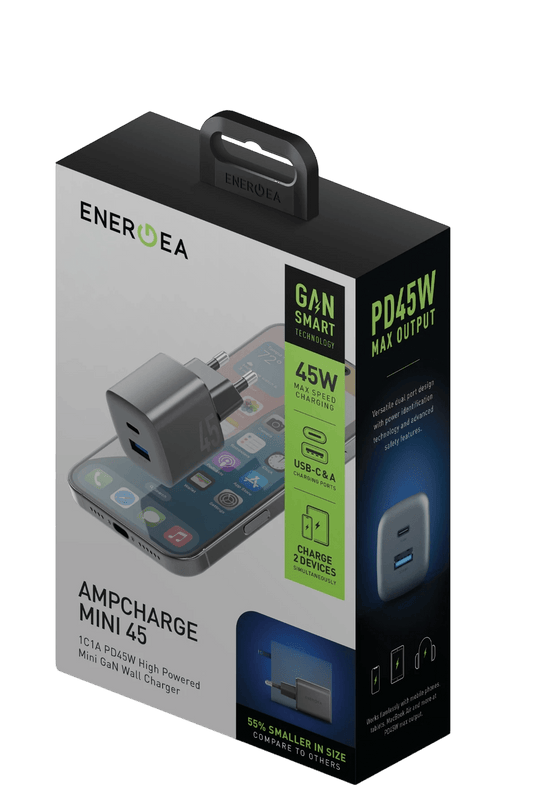 AmpCharge Mini 45 1 Adet 45W Type-C ve 30W USB Çıkışlı PD PPS QC 3.0 GaN Hızlı Şarj Aleti 5