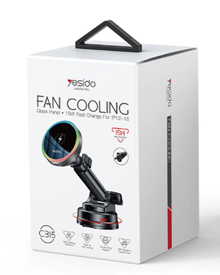 C315 2in1 Izgara Klipsli ve Vantuzlu 360 Derece Ayarlanabilir RGB Işıklı Cam Yüzeyli Fan Soğutuculu 15W Kablosuz Şarjlı Araç Tutucu 6
