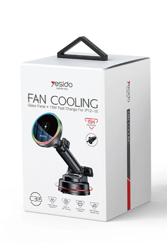 C315 2in1 Izgara Klipsli ve Vantuzlu 360 Derece Ayarlanabilir RGB Işıklı Cam Yüzeyli Fan Soğutuculu 15W Kablosuz Şarjlı Araç Tutucu 6