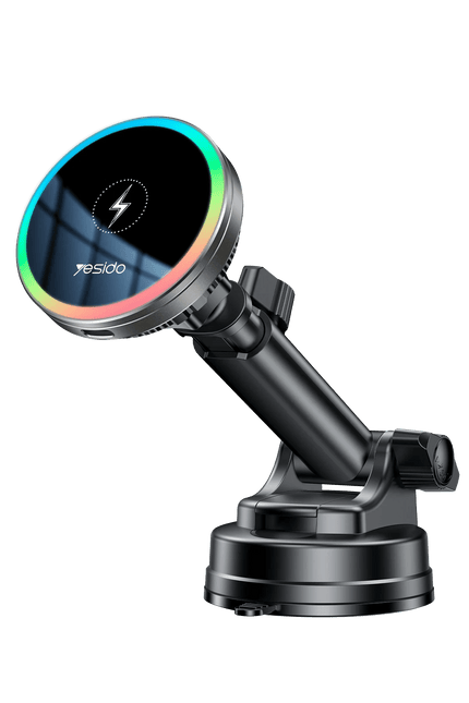 C315 2in1 Izgara Klipsli ve Vantuzlu 360 Derece Ayarlanabilir RGB Işıklı Cam Yüzeyli Fan Soğutuculu 15W Kablosuz Şarjlı Araç Tutucu