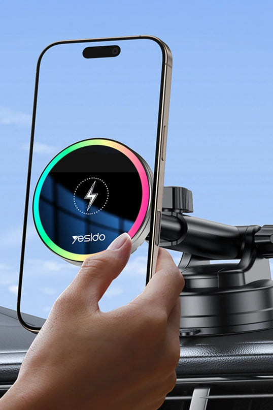 C315 2in1 Izgara Klipsli ve Vantuzlu 360 Derece Ayarlanabilir RGB Işıklı Cam Yüzeyli Fan Soğutuculu 15W Kablosuz Şarjlı Araç Tutucu 5