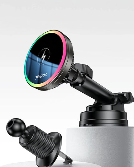 C315 2in1 Izgara Klipsli ve Vantuzlu 360 Derece Ayarlanabilir RGB Işıklı Cam Yüzeyli Fan Soğutuculu 15W Kablosuz Şarjlı Araç Tutucu 3