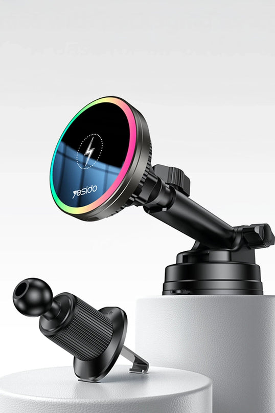 C315 2in1 Izgara Klipsli ve Vantuzlu 360 Derece Ayarlanabilir RGB Işıklı Cam Yüzeyli Fan Soğutuculu 15W Kablosuz Şarjlı Araç Tutucu 3