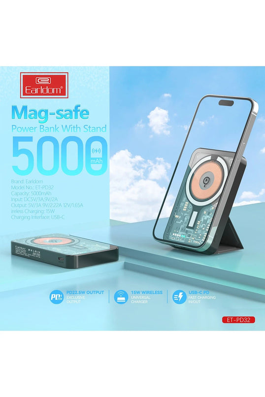 PD32 5.000 mAh 22.5W Kablosuz Şarjlı Standlı PD Hızlı Şarj Powerbank 2