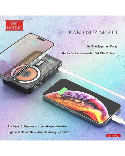 PD32 5.000 mAh 22.5W Kablosuz Şarjlı Standlı PD Hızlı Şarj Powerbank 5