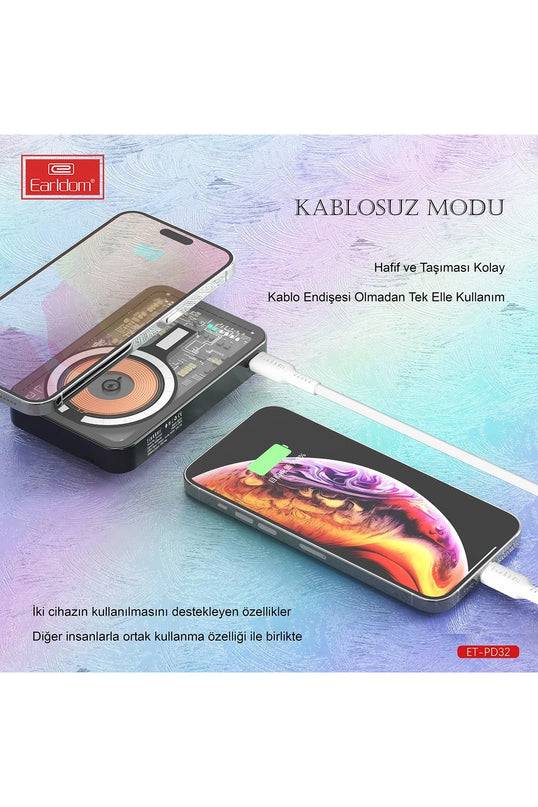 PD32 5.000 mAh 22.5W Kablosuz Şarjlı Standlı PD Hızlı Şarj Powerbank 5