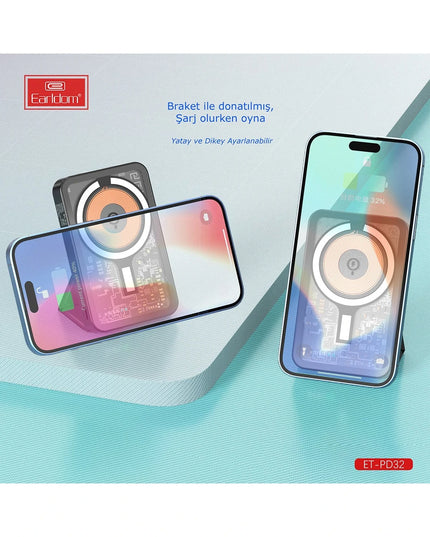 PD32 5.000 mAh 22.5W Kablosuz Şarjlı Standlı PD Hızlı Şarj Powerbank 7