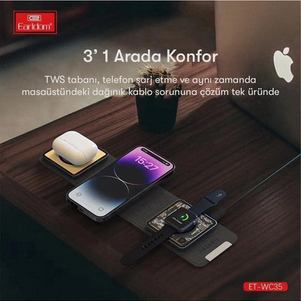 WC35 3in1 15W Magsafe Katlanabilir Masaüstü Kablosuz Şarj Standı 4
