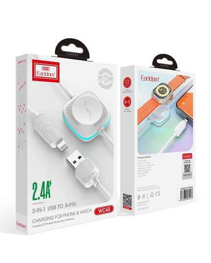 WC40 1.2M 12W Usb to Lightning ve 2.5W Kablosuz Saat Şarj Çıkışlı 2in1 Hızlı Şarj Kablosu 3