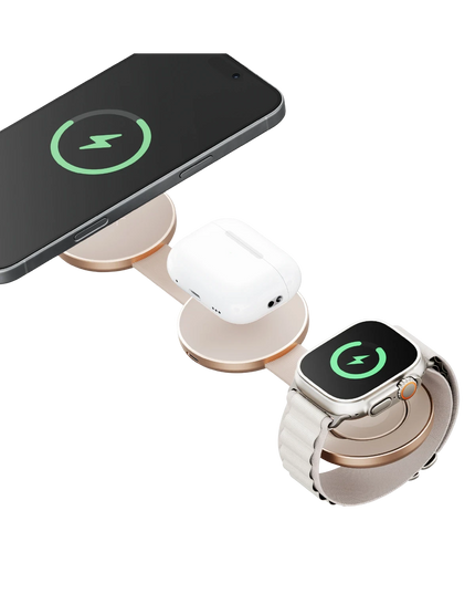 AluMag Trio 3in1 Katlanabilir Qi2 Destekli 15W Telefon Saat Airpods Masaüstü Hızlı Şarj Standı - Gold 2