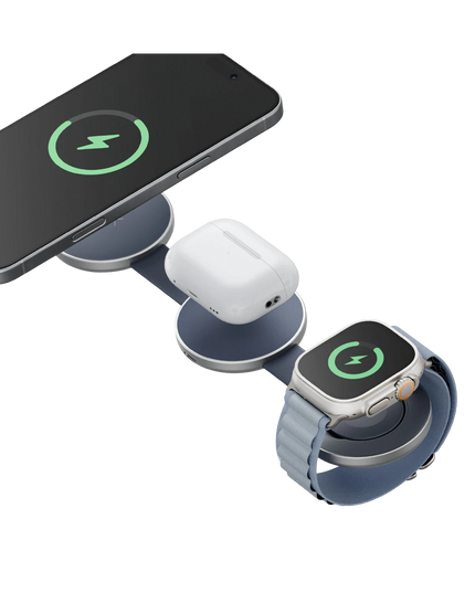 AluMag Trio 3in1 Katlanabilir Qi2 Destekli 15W Telefon Saat Airpods Masaüstü Hızlı Şarj Standı - Mavi 2