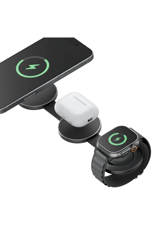 AluMag Trio 3in1 Katlanabilir Qi2 Destekli 15W Telefon Saat Airpods Masaüstü Hızlı Şarj Standı - Siyah 2