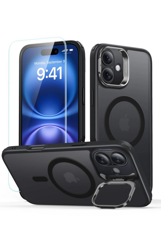 iPhone 16 Classic Hybrid Magsafe Standlı Kapak + Cam Hediyeli Set Kılıf - Siyah 2