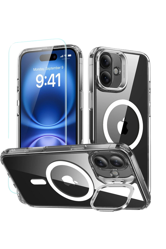 iPhone 16 Classic Hybrid Magsafe Standlı Kapak + Cam Hediyeli Set Kılıf - Şeffaf