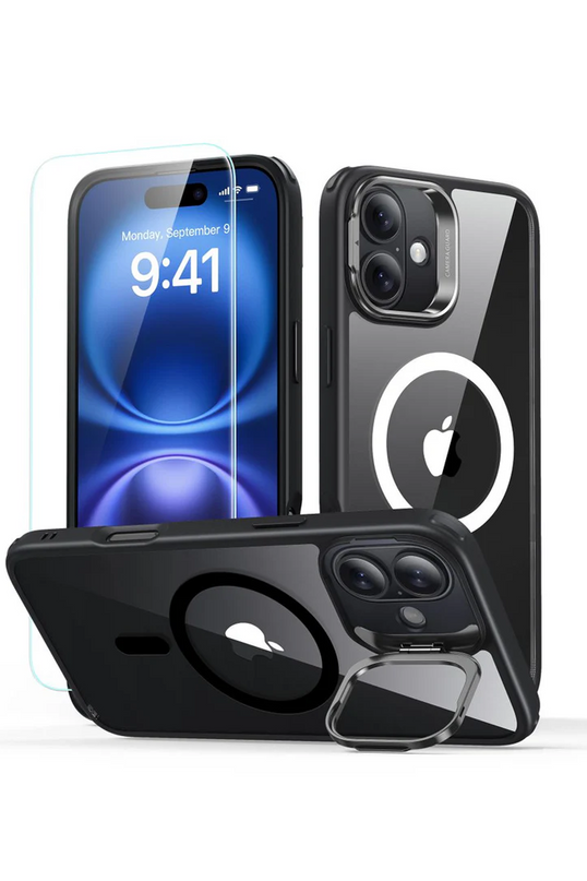 iPhone 16 Classic Hybrid Magsafe Standlı Kapak + Cam Hediyeli Set Kılıf - Siyah 3