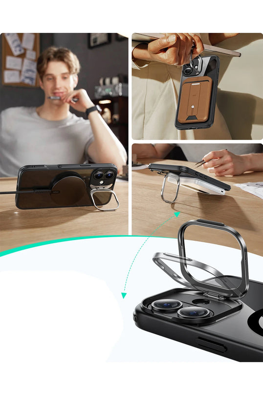 iPhone 16 Classic Hybrid Magsafe Standlı Kapak + Cam Hediyeli Set Kılıf - Siyah 4