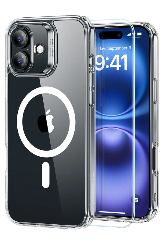 iPhone 16 Plus Classic Hybrid Magsafe Kapak + Cam Hediyeli Set Kılıf - Şeffaf