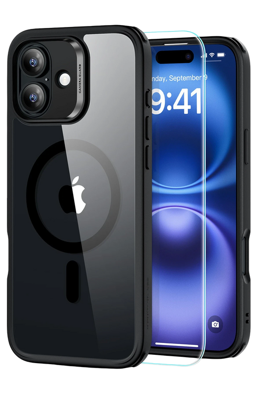 iPhone 16 Plus Classic Hybrid Magsafe Kapak + Cam Hediyeli Set Kılıf - Siyah