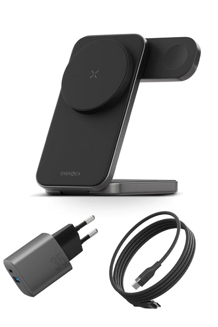Essential Kit AmpCharge GaN 35W Adaptör Magtrio Plus 3in1 Kablosuz Şarj Standı ve 100W Type-C to Type-C Manyetik Kablolu Set Travel Çanta