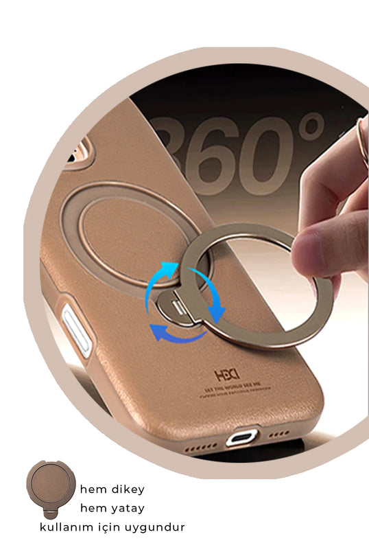 iPhone 16 Vapor Deri Magsafe Standlı Kılıf - Gold 4
