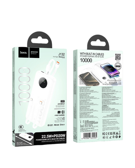 J132 Sabio 10.000mAh PD20W Dahili 3 Kablolu Hızlı Şarj Powerbank - Beyaz 4