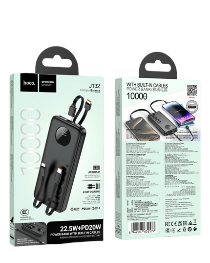 J132 Sabio 10.000mAh PD20W Dahili 3 Kablolu Hızlı Şarj Powerbank - Siyah 4