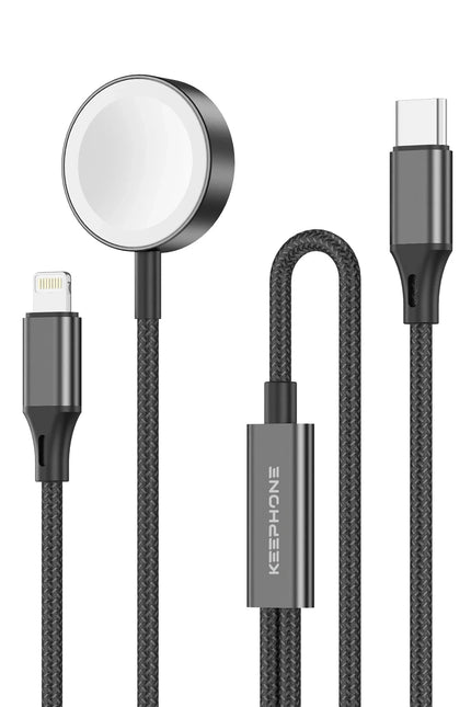 IC-014 Type-C to Lightning ve Kablosuz Saat Şarj Çıkışlı 2in1 Örgü Hızlı Şarj Kablosu