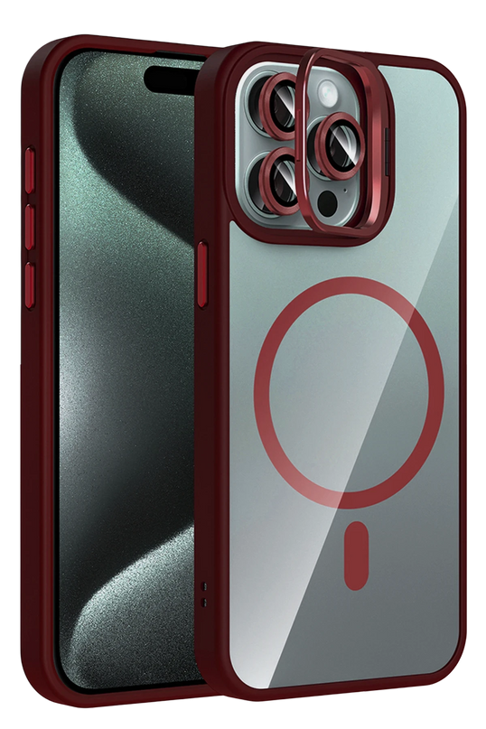 iPhone 14 Pro Max Remim Lensli Magsafe Standlı Kapak Kılıf - Bordo