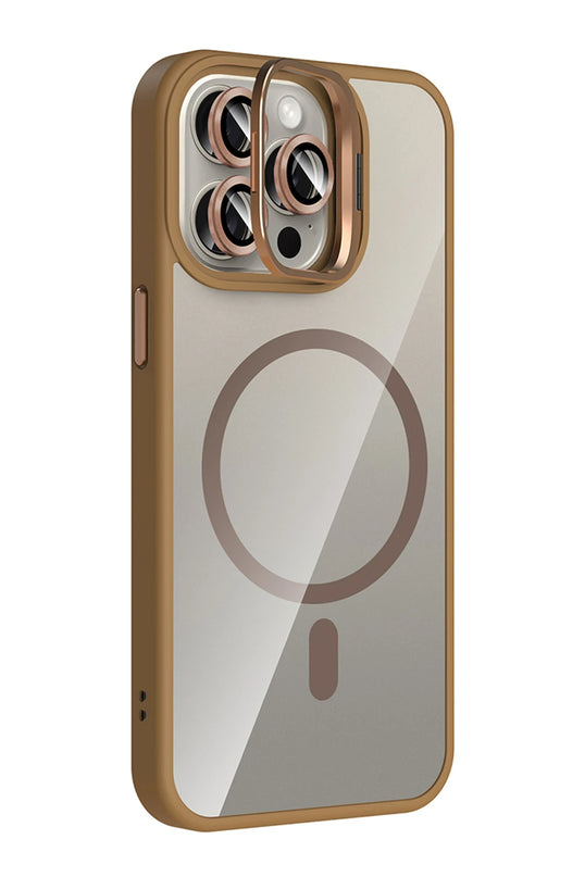 iPhone 14 Pro Max Remim Lensli Magsafe Standlı Kapak Kılıf - Kahverengi 2