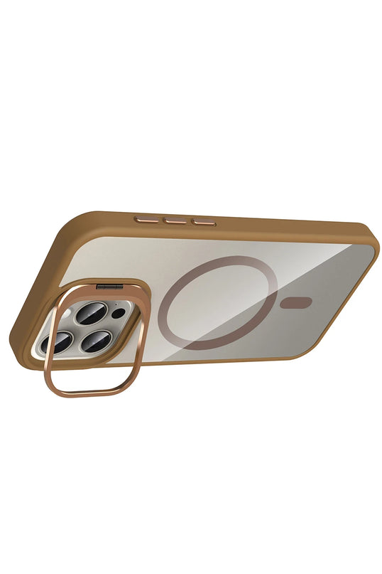 iPhone 14 Pro Max Remim Lensli Magsafe Standlı Kapak Kılıf - Kahverengi 3