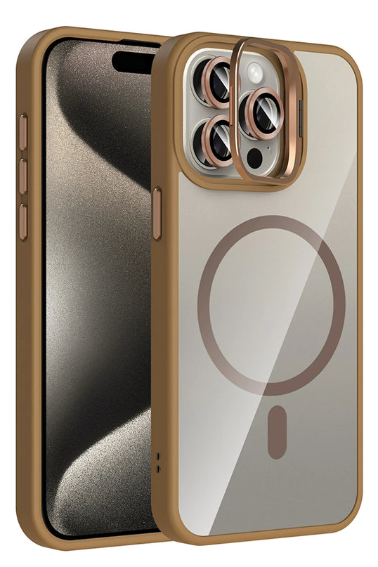 iPhone 14 Pro Max Remim Lensli Magsafe Standlı Kapak Kılıf - Kahverengi