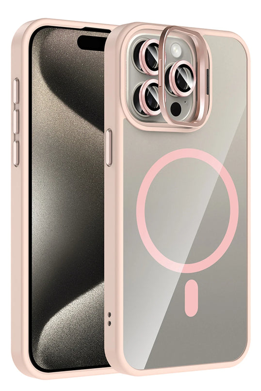 iPhone 14 Pro Max Remim Lensli Magsafe Standlı Kapak Kılıf - Pembe
