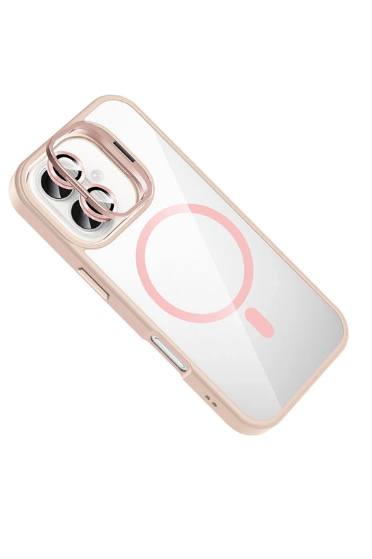 iPhone 16 Plus Remim Lensli Magsafe Standlı Kapak Kılıf - Pembe 3