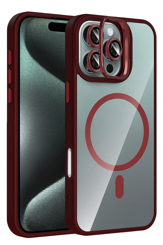 iPhone 16 Pro Max Remim Lensli Magsafe Standlı Kapak Kılıf - Bordo