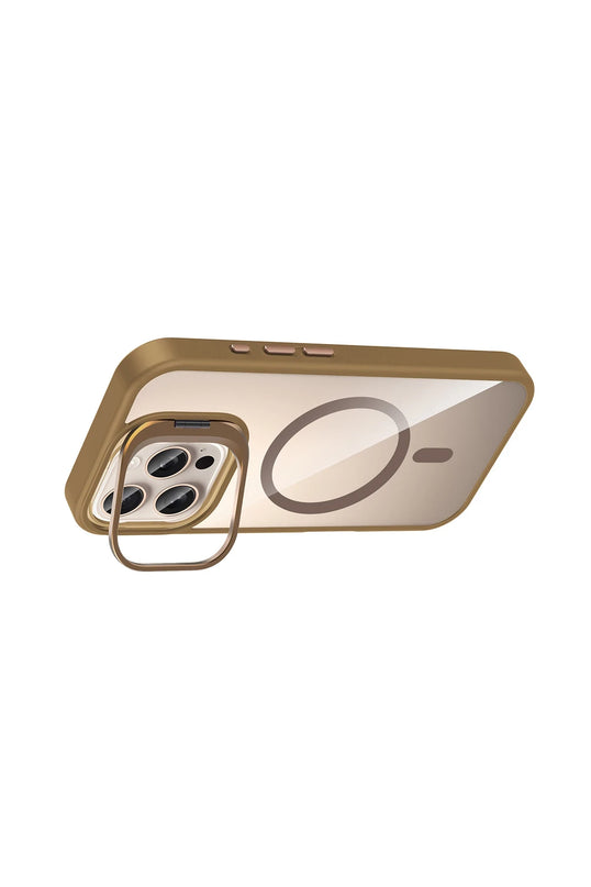 iPhone 16 Pro Max Remim Lensli Magsafe Standlı Kapak Kılıf - Kahverengi 3