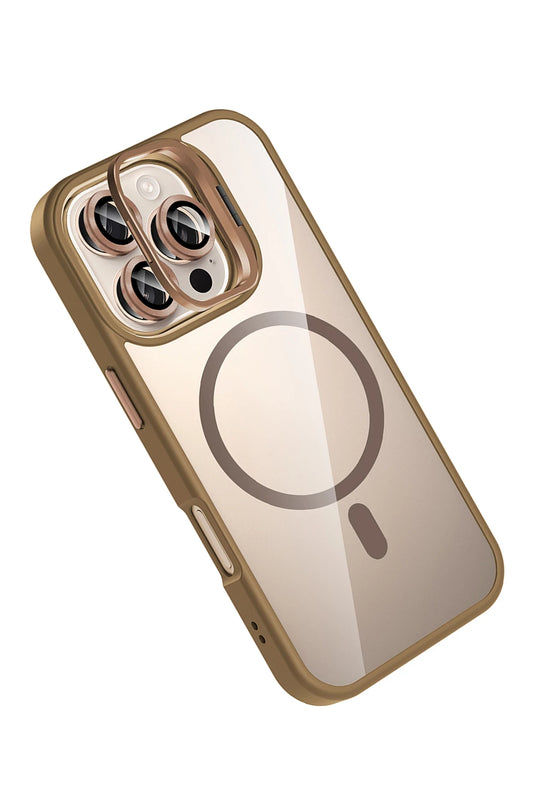 iPhone 16 Pro Max Remim Lensli Magsafe Standlı Kapak Kılıf - Kahverengi 4