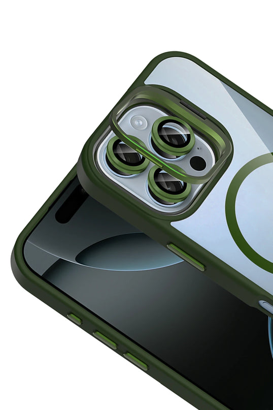 iPhone 16 Pro Max Remim Lensli Magsafe Standlı Kapak Kılıf - Koyu Yeşil 3