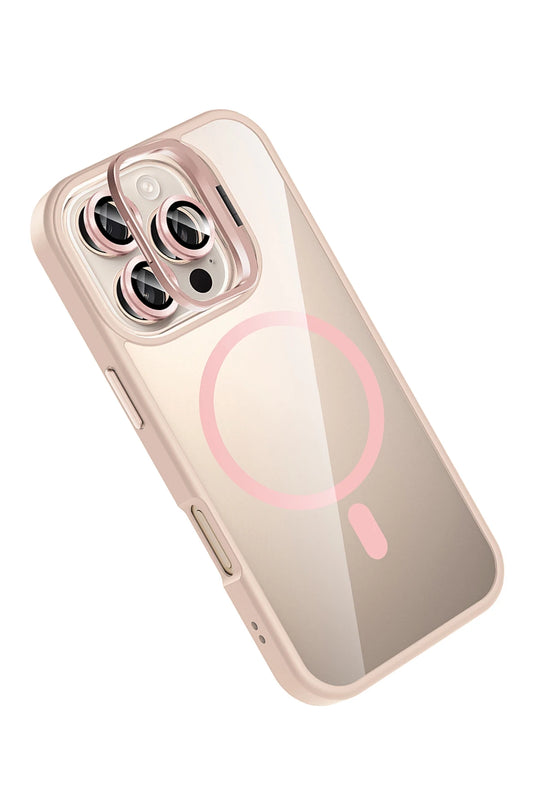 iPhone 16 Pro Max Remim Lensli Magsafe Standlı Kapak Kılıf - Pembe 3