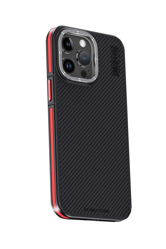 iPhone 15 Pro Max Aramid 600D Kevlar Karbon Fiber Magsafe Kapak Kılıf - Kırmızı