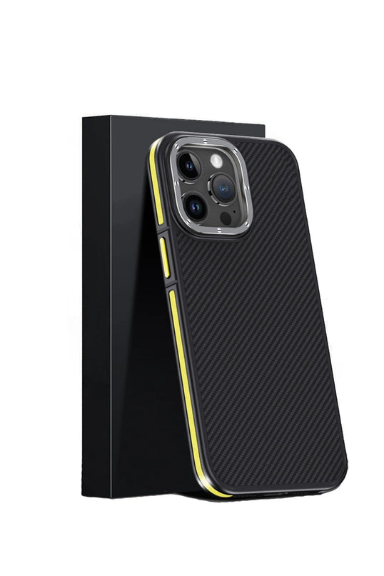 iPhone 15 Pro Max Aramid 600D Kevlar Karbon Fiber Magsafe Kapak Kılıf - Sarı 2