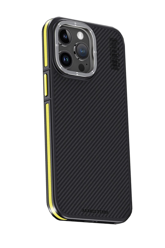 iPhone 15 Pro Max Aramid 600D Kevlar Karbon Fiber Magsafe Kapak Kılıf - Sarı