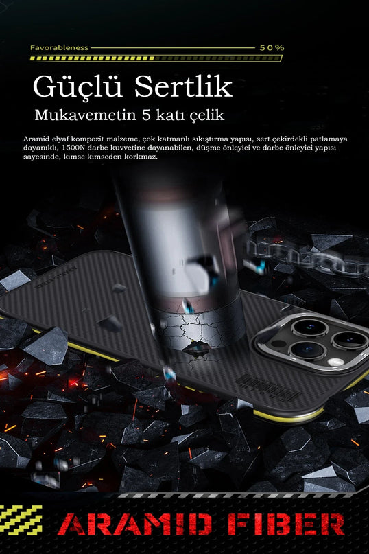 iPhone 15 Pro Max Aramid 600D Kevlar Karbon Fiber Magsafe Kapak Kılıf - Sarı 3