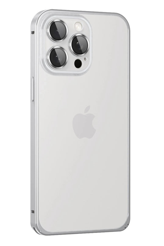 iPhone 15 Pro Max Metal Bumper Mat Kapak Kılıf - Gümüş
