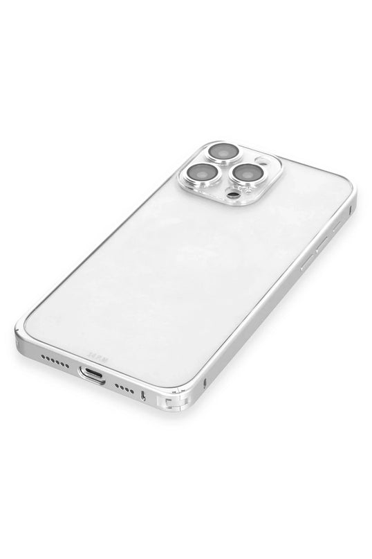 iPhone 15 Pro Max Metal Bumper Mat Kapak Kılıf - Gümüş 5