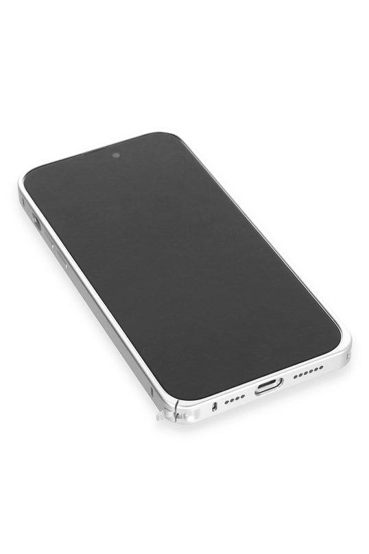 iPhone 15 Pro Max Metal Bumper Mat Kapak Kılıf - Gümüş 6