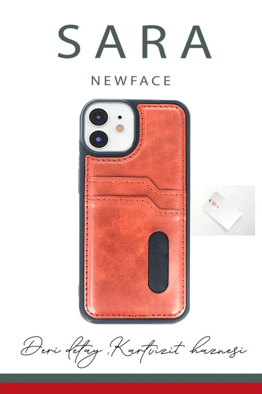 iPhone 11 Sara Kartvizitli Deri Kılıf - Taba 3
