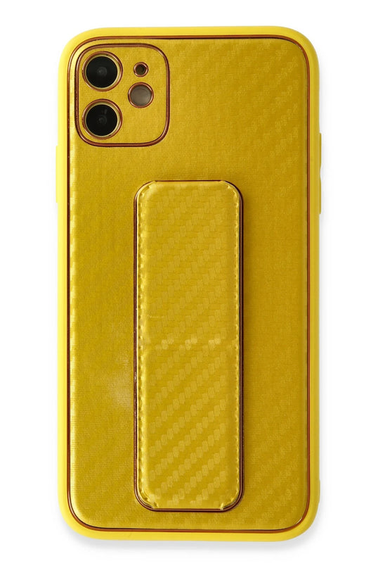 iPhone 12 Coco Karbon Standlı Kapak Kılıf - Sarı
