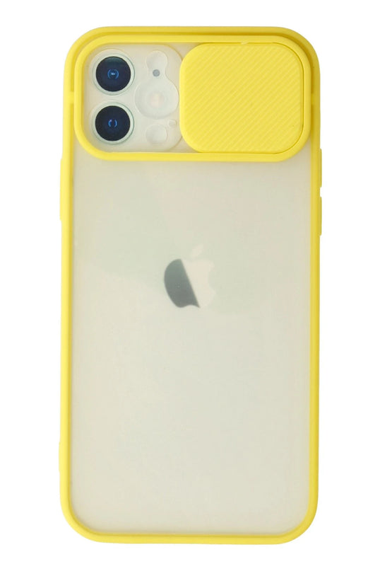 iPhone 12 Palm Buzlu Kamera Sürgülü Silikon Kılıf - Sarı