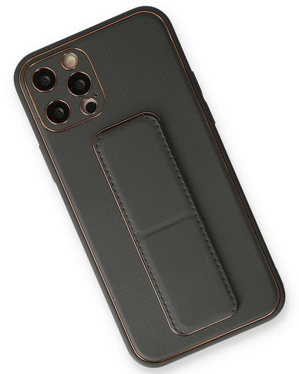 iPhone 12 Pro Coco Deri Standlı Kapak Kılıf - Füme 2
