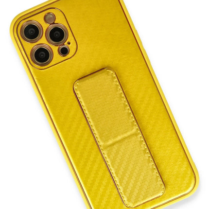 iPhone 12 Pro Coco Karbon Standlı Kapak Kılıf - Sarı 3